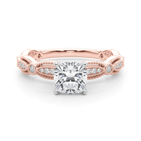 Rose gold Cushion Solitaire Milgrain Diamond Engagement Ring with Bezel and Marquise Band