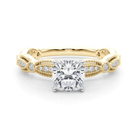 Yellow gold Cushion Solitaire Milgrain Diamond Engagement Ring with Bezel and Marquise Band
