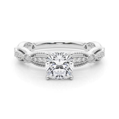 White gold Cushion Solitaire Milgrain Diamond Engagement Ring with Bezel and Marquise Band