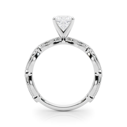 White gold Cushion Solitaire Milgrain Diamond Engagement Ring with Bezel and Marquise Band