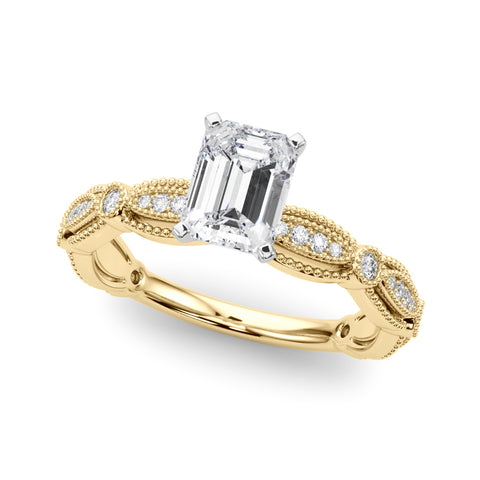 Yellow gold Emerald Solitaire Milgrain Diamond Engagement Ring with Bezel and Marquise Band