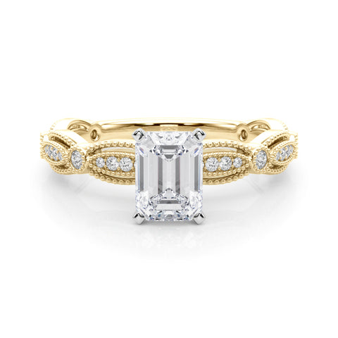 Yellow gold Emerald Solitaire Milgrain Diamond Engagement Ring with Bezel and Marquise Band