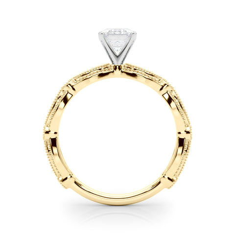 Yellow gold Emerald Solitaire Milgrain Diamond Engagement Ring with Bezel and Marquise Band