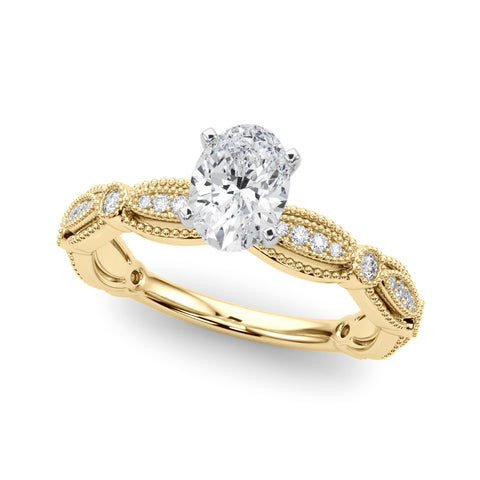 Yellow gold Oval Solitaire Milgrain Diamond Engagement Ring with Bezel and Marquise Band