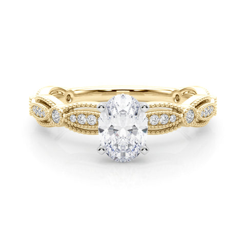 Yellow gold Oval Solitaire Milgrain Diamond Engagement Ring with Bezel and Marquise Band