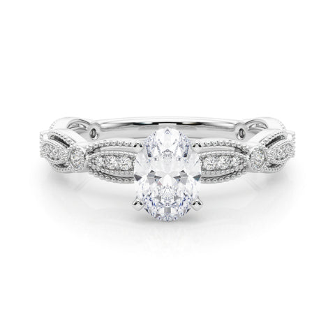 White gold Oval Solitaire Milgrain Diamond Engagement Ring with Bezel and Marquise Band
