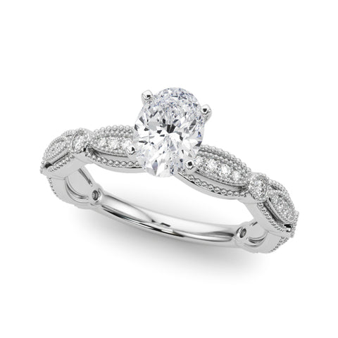 White gold Oval Solitaire Milgrain Diamond Engagement Ring with Bezel and Marquise Band