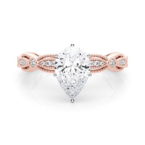 Rose gold Pear Solitaire Milgrain Diamond Engagement Ring with Bezel and Marquise Band