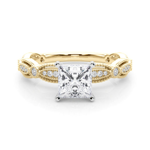 Yellow gold Princess Solitaire Milgrain Diamond Engagement Ring with Bezel and Marquise Band