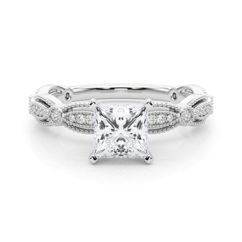 White gold Princess Solitaire Milgrain Diamond Engagement Ring with Bezel and Marquise Band
