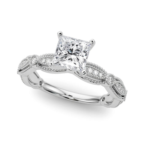 White gold Princess Solitaire Milgrain Diamond Engagement Ring with Bezel and Marquise Band