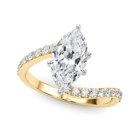 Yellow gold Marquise Solitaire Twist Band with Pave Set Diamonds and Four-Prong Setting