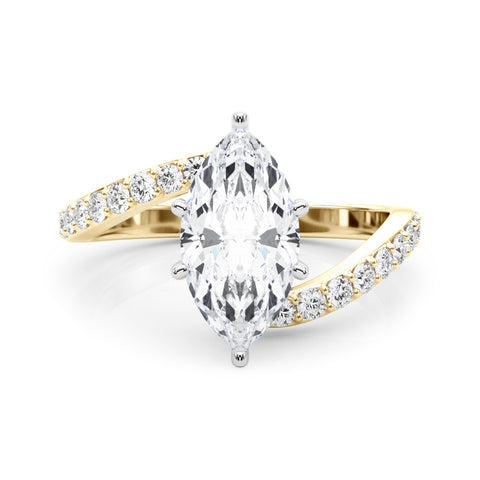 Yellow gold Marquise Solitaire Twist Band with Pave Set Diamonds and Four-Prong Setting