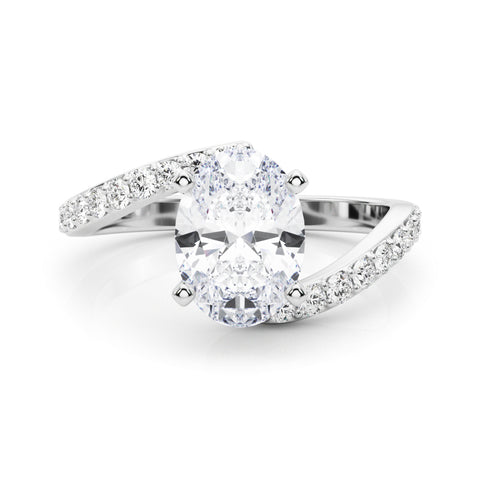 White gold Oval Solitaire Twist Band with Pave Set Diamonds and Four-Prong Setting