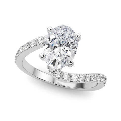 White gold Oval Solitaire Twist Band with Pave Set Diamonds and Four-Prong Setting