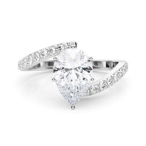 White gold Pear Solitaire Twist Band with Pave Set Diamonds and Four-Prong Setting