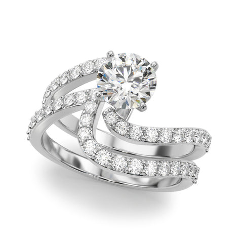 White gold Round Solitaire Twist Band with Pave Set Diamonds and Four-Prong Setting