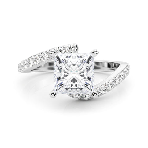 White gold Princess Solitaire Twist Band with Pave Set Diamonds and Four-Prong Setting