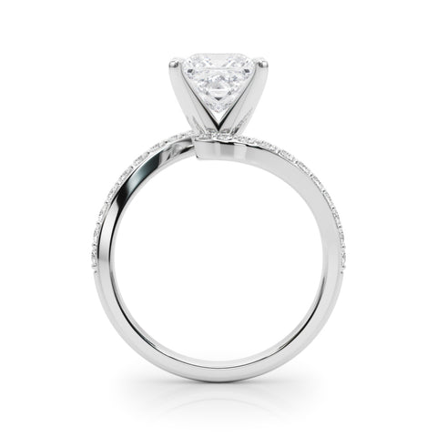 White gold Princess Solitaire Twist Band with Pave Set Diamonds and Four-Prong Setting