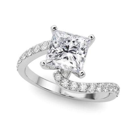 White gold Princess Solitaire Twist Band with Pave Set Diamonds and Four-Prong Setting