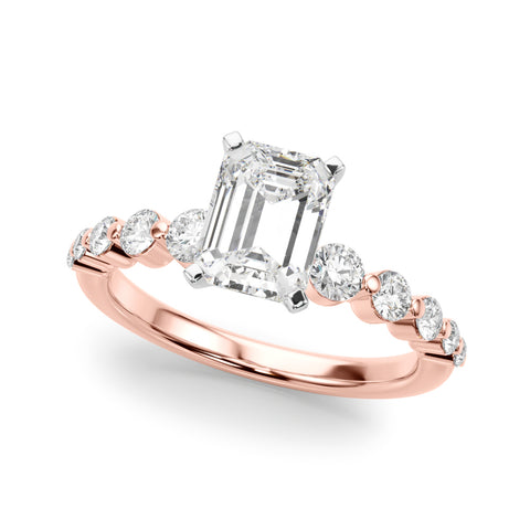 Rose gold Emerald Solitaire Diamond Ring with Pave Band and Four-Prong Setting