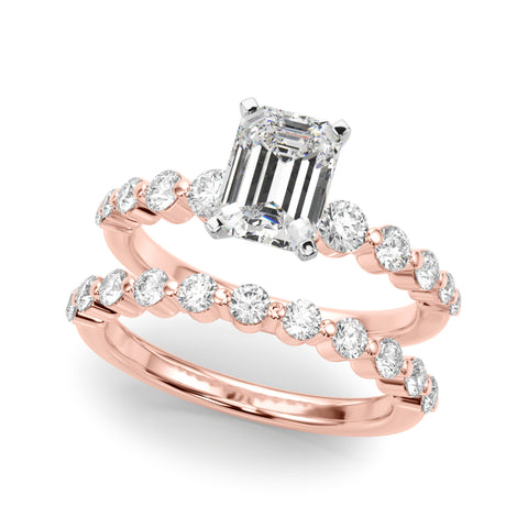 Rose gold Emerald Solitaire Diamond Ring with Pave Band and Four-Prong Setting