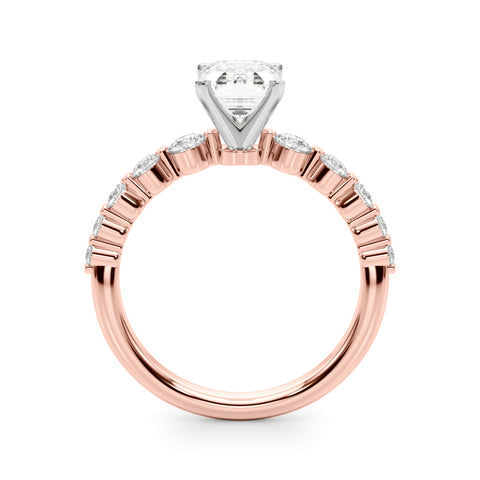 Rose gold Emerald Solitaire Diamond Ring with Pave Band and Four-Prong Setting