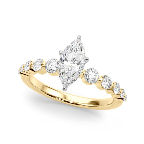 Yellow gold Marquise Solitaire Diamond Ring with Pave Band and Four-Prong Setting