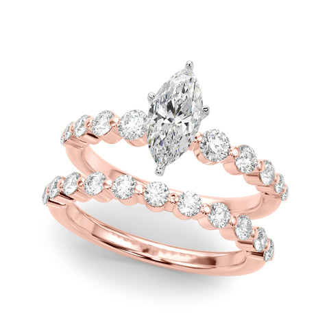 Rose gold Marquise Solitaire Diamond Ring with Pave Band and Four-Prong Setting