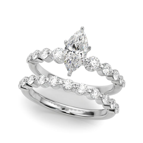 White gold Marquise Solitaire Diamond Ring with Pave Band and Four-Prong Setting