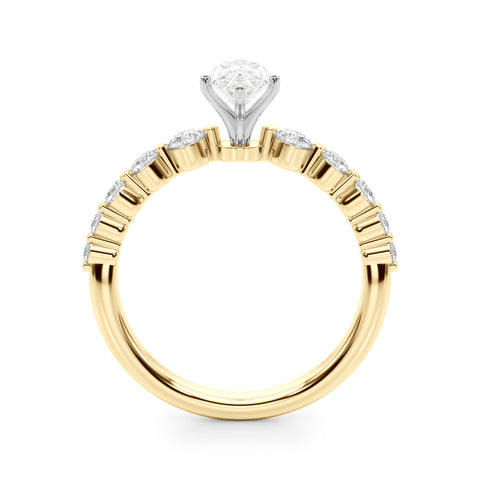 Yellow gold Marquise Solitaire Diamond Ring with Pave Band and Four-Prong Setting