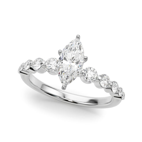 White gold Marquise Solitaire Diamond Ring with Pave Band and Four-Prong Setting