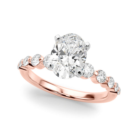 Rose gold Oval Solitaire Diamond Ring with Pave Band and Four-Prong Setting