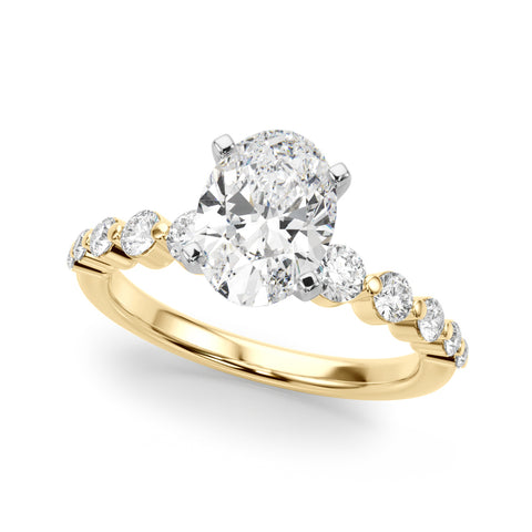 Yellow gold Oval Solitaire Diamond Ring with Pave Band and Four-Prong Setting