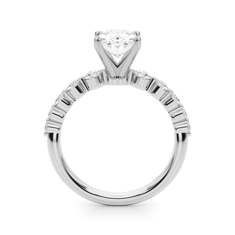 White gold Oval Solitaire Diamond Ring with Pave Band and Four-Prong Setting