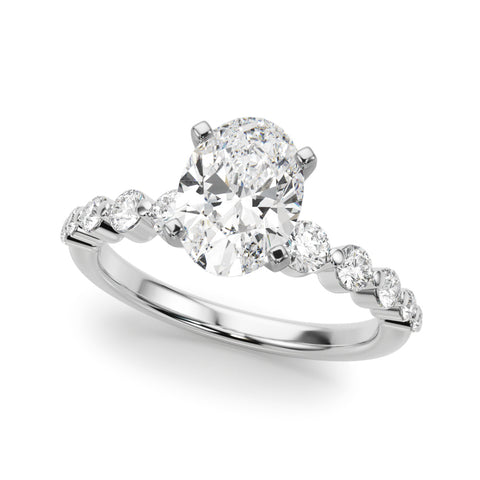 White gold Oval Solitaire Diamond Ring with Pave Band and Four-Prong Setting