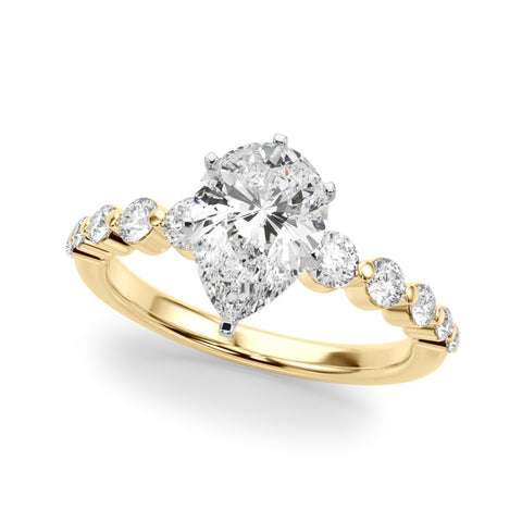 Yellow gold Pear Solitaire Diamond Ring with Pave Band and Four-Prong Setting