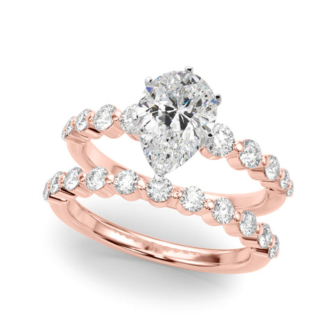 Rose gold Pear Solitaire Diamond Ring with Pave Band and Four-Prong Setting