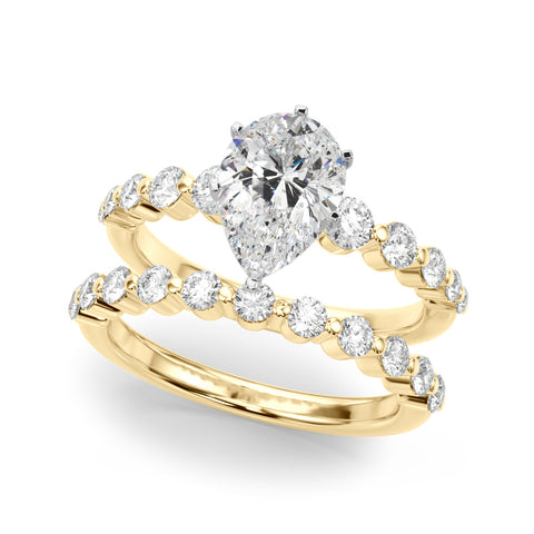 Yellow gold Pear Solitaire Diamond Ring with Pave Band and Four-Prong Setting