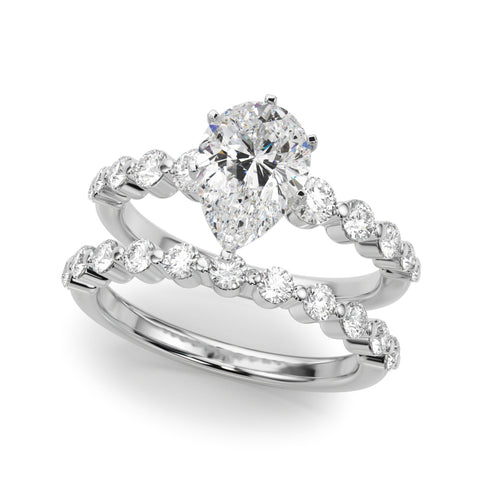 White gold Pear Solitaire Diamond Ring with Pave Band and Four-Prong Setting