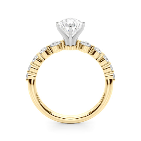 Yellow gold Pear Solitaire Diamond Ring with Pave Band and Four-Prong Setting