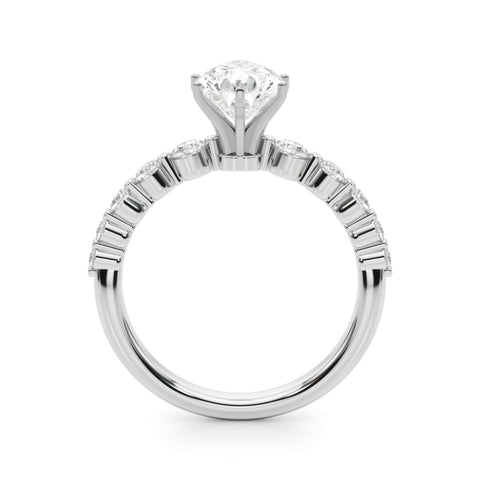 White gold Pear Solitaire Diamond Ring with Pave Band and Four-Prong Setting