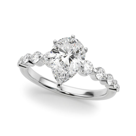 White gold Pear Solitaire Diamond Ring with Pave Band and Four-Prong Setting