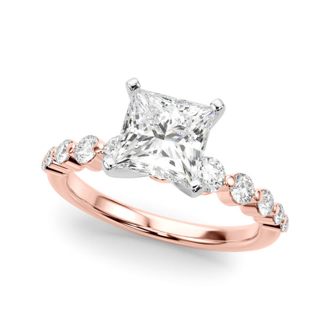 Rose gold Princess Solitaire Diamond Ring with Pave Band and Four-Prong Setting