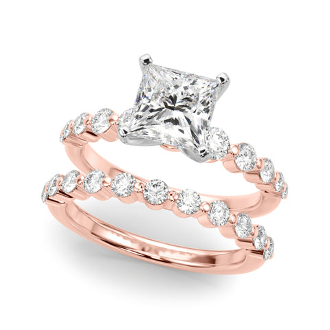 Rose gold Princess Solitaire Diamond Ring with Pave Band and Four-Prong Setting