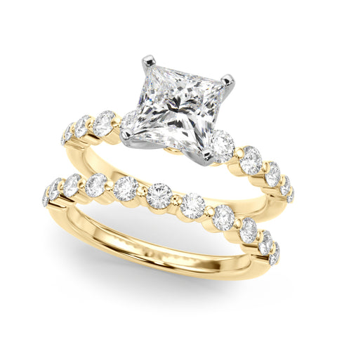 Yellow gold Princess Solitaire Diamond Ring with Pave Band and Four-Prong Setting