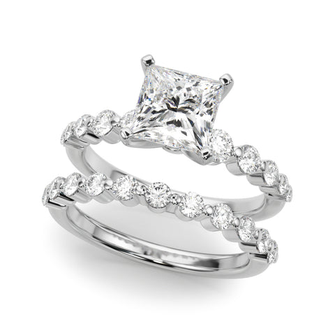 White gold Princess Solitaire Diamond Ring with Pave Band and Four-Prong Setting