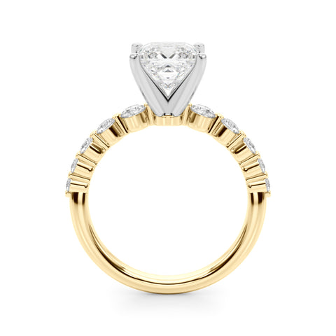 Yellow gold Princess Solitaire Diamond Ring with Pave Band and Four-Prong Setting