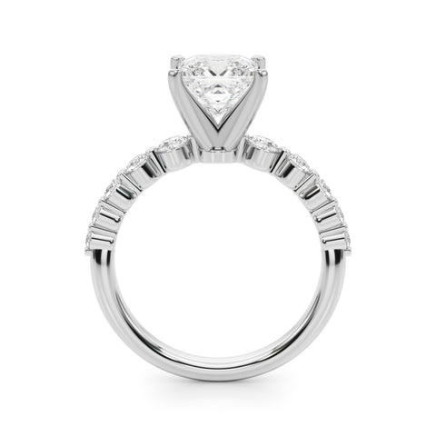 White gold Princess Solitaire Diamond Ring with Pave Band and Four-Prong Setting