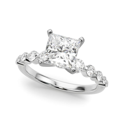 White gold Princess Solitaire Diamond Ring with Pave Band and Four-Prong Setting